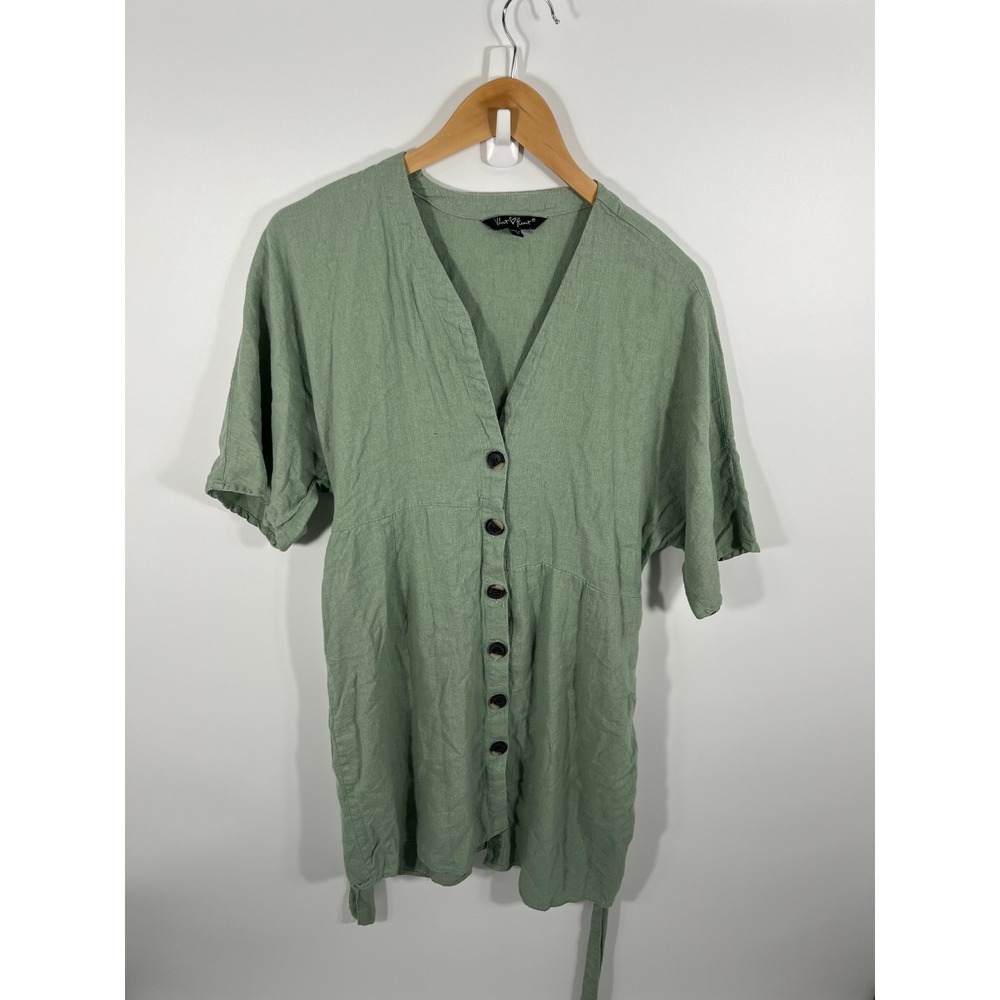Womens Linen Blend Dress S Green Euro Summer Chic‎ Minimalist Capsule Resort